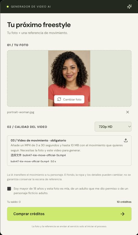 Generador real con foto y referencia de cinco segundos seleccionadas: 720p y costo de 10 créditos.