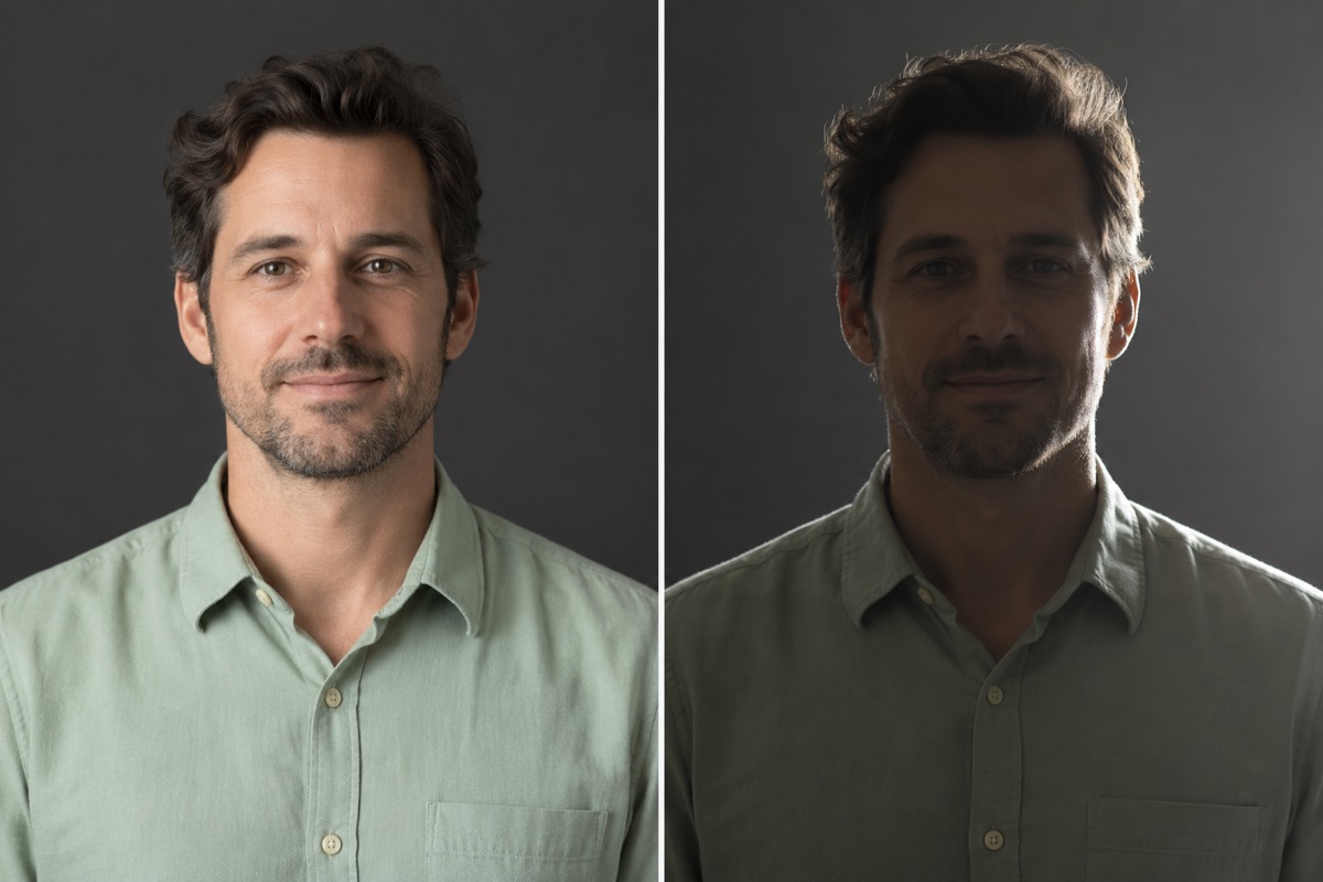 Comparación de un mismo retrato ficticio con luz frontal clara y con contraluz oscuro